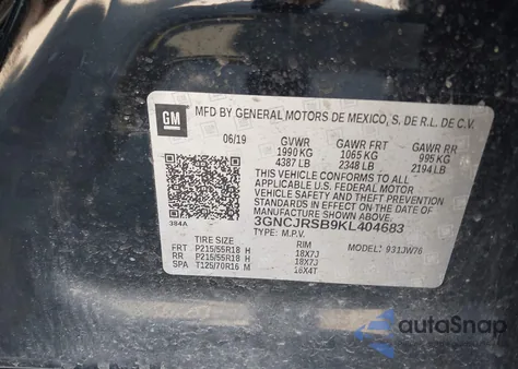 2019 Chevrolet Trax Premier из США, поврежденный, VIN 3GNCJRSB9KL404683